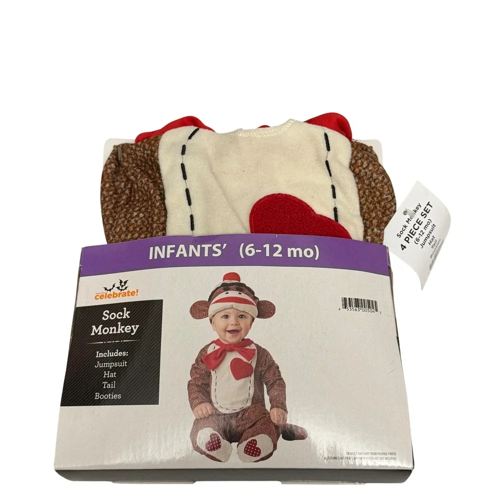 Way to Celebrate Sock Monkey Infant Costume 4 Piece Set 6-12 Months Brown Red